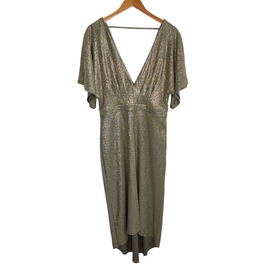 ASTR the Label Womens Gold Metallic V Neck Dress Size Large Short Sleeve Party
